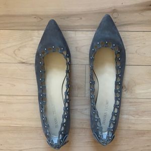 Gray suede ivanka trump flats with silver beading detail